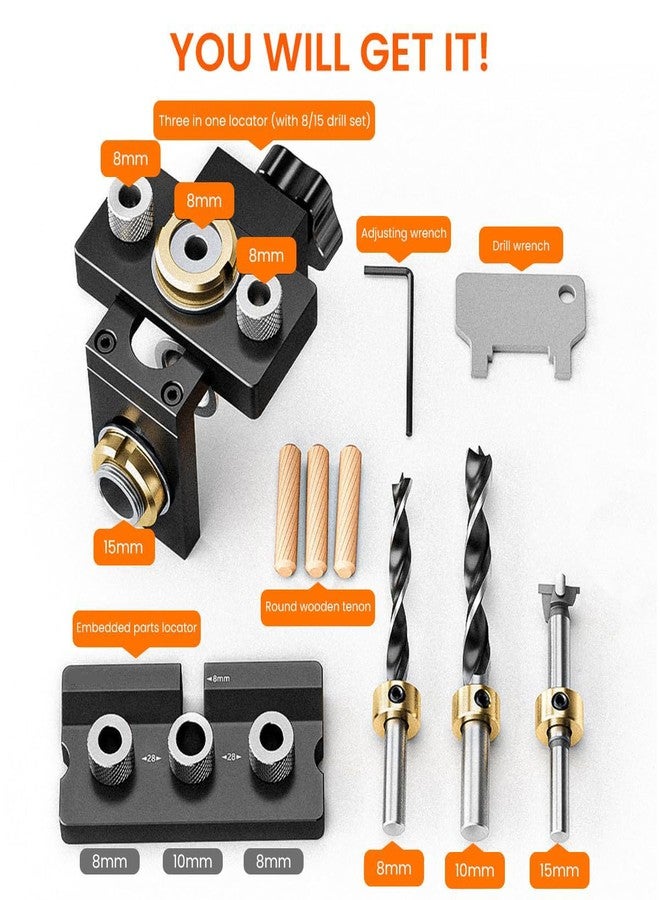 Serplex مجموعة أدوات حفر دبابيس الخشب Serplex® 3 في 1، طقم أدوات حفر ثقوب الجيب القابل للتعديل مع رؤوس حفر 8 مم/10 مم/15 مم، أداة تحديد مواقع دقيقة لتجميع الأثاث، للاستخدام المنزلي والمهني - Image 3